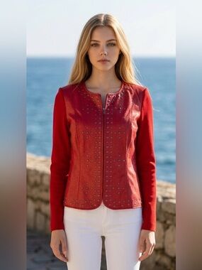 Peter Nygard Leather Red Studded Tailored Jacket